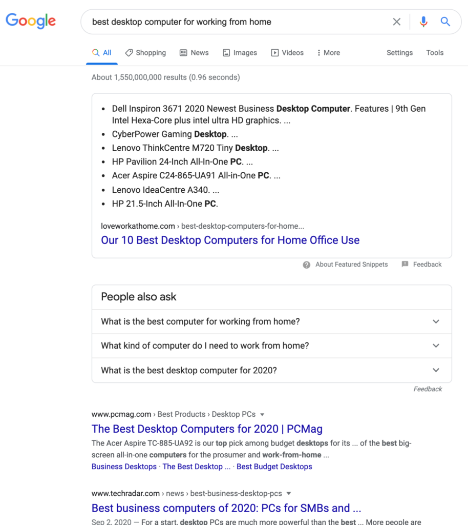 featured snippets organic search